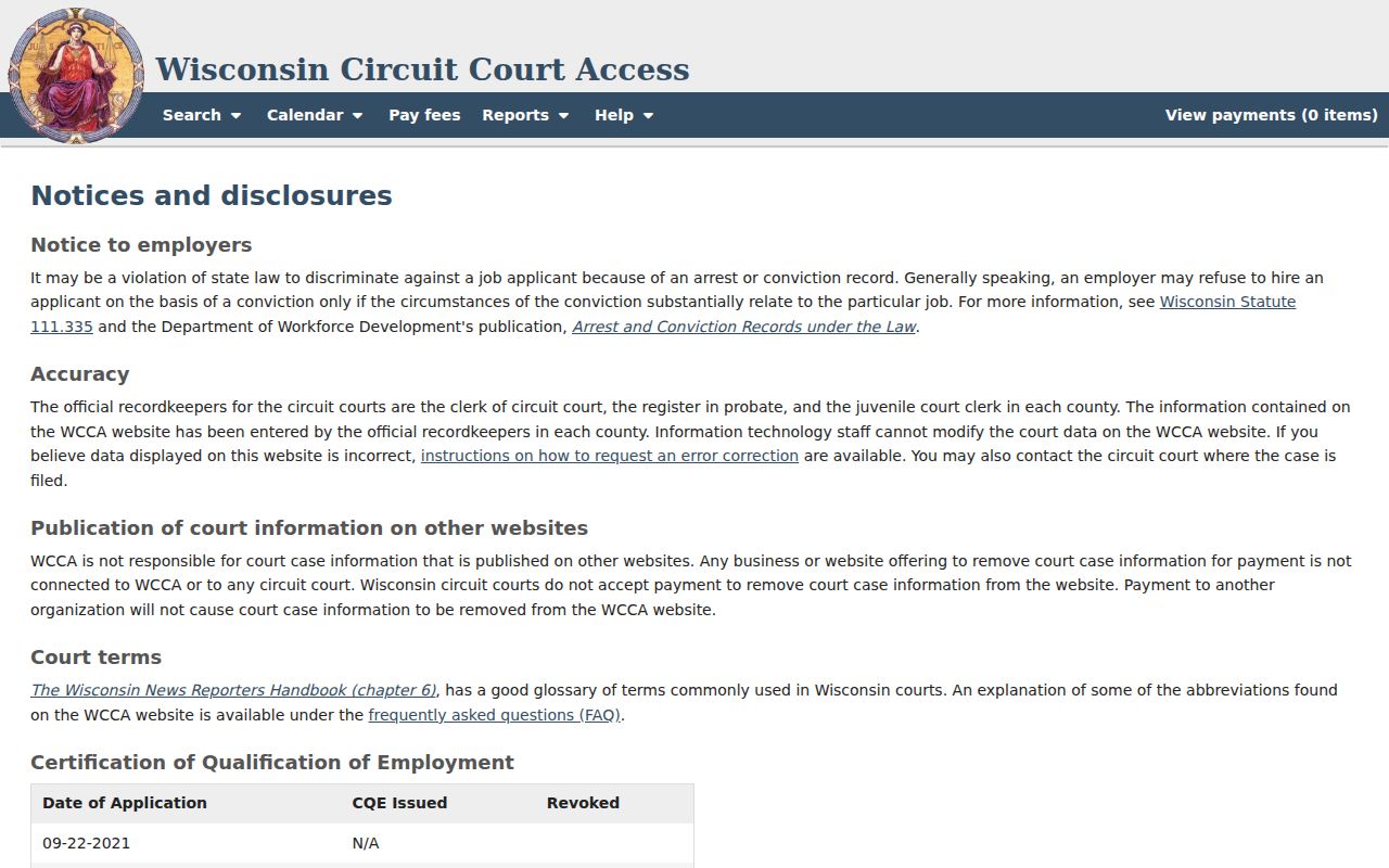 Official WCCA disclosure for Polk County docket access